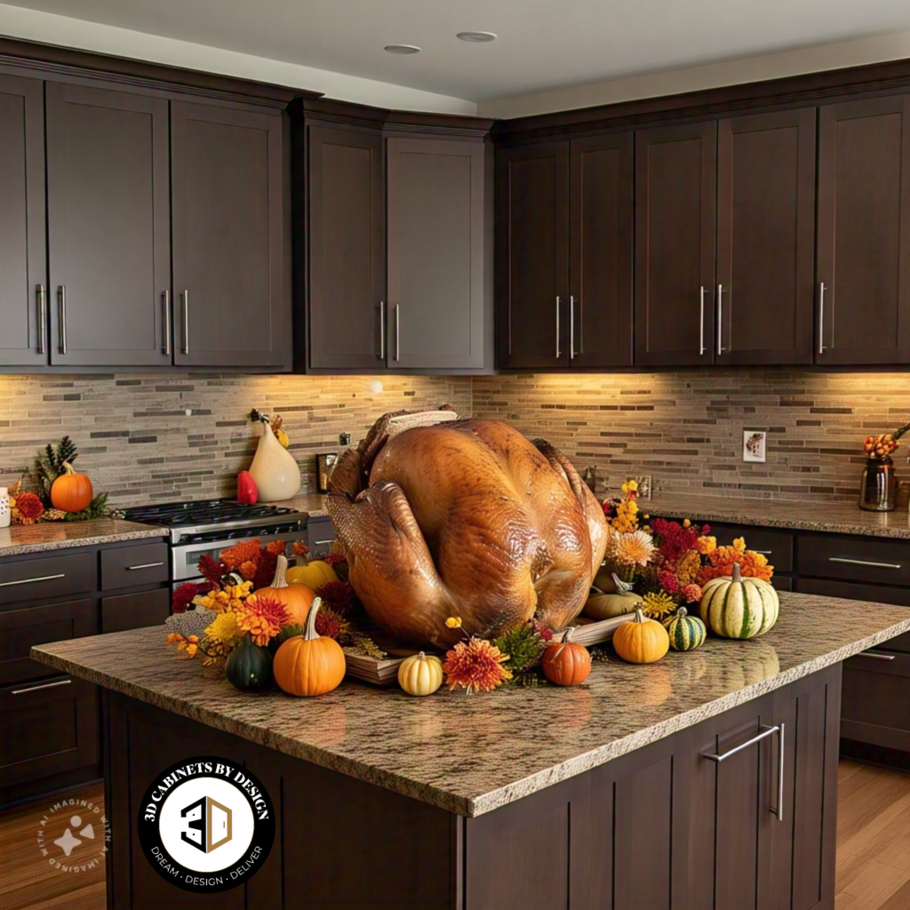 Contemporary kitchen island with Thanksgiving decorations and turkey centerpiece.