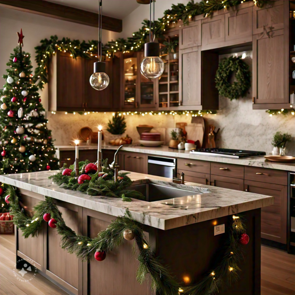 A modern kitchen decorated with Christmas lights, garlands, and a beautifully set table