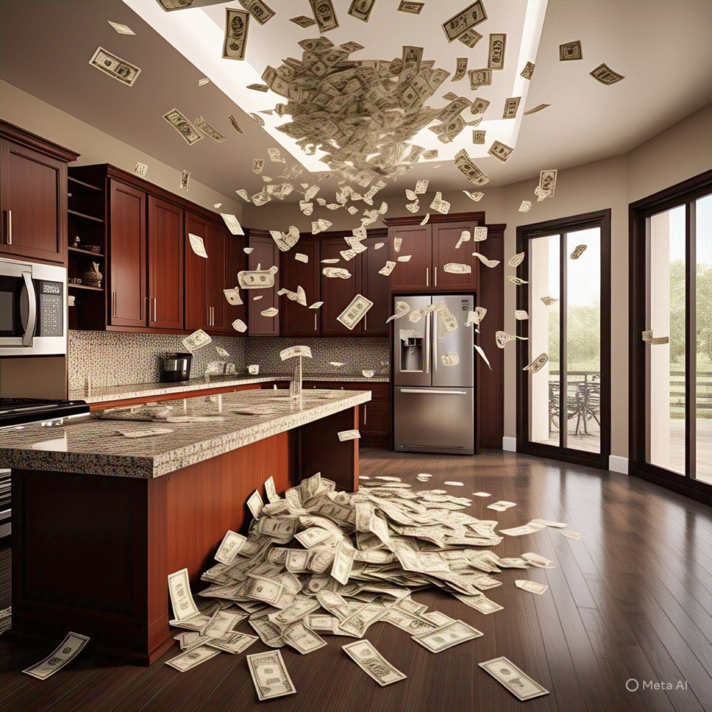 Contemporary kitchen with money falling from the ceiling, symbolizing increased home value through custom cabinetry.