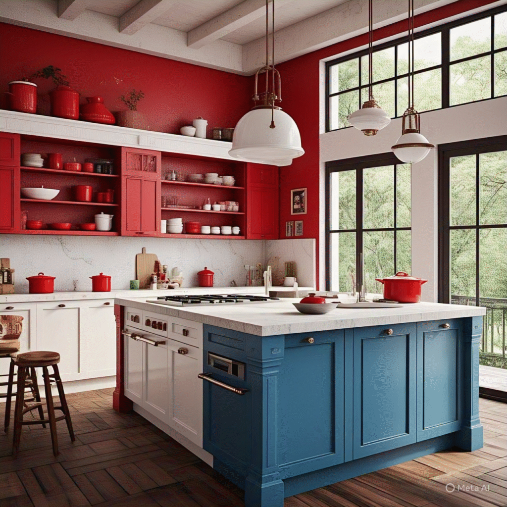 Red, white, and blue kitchen showcasing American-made cabinetry from 3D Cabinets by Design.